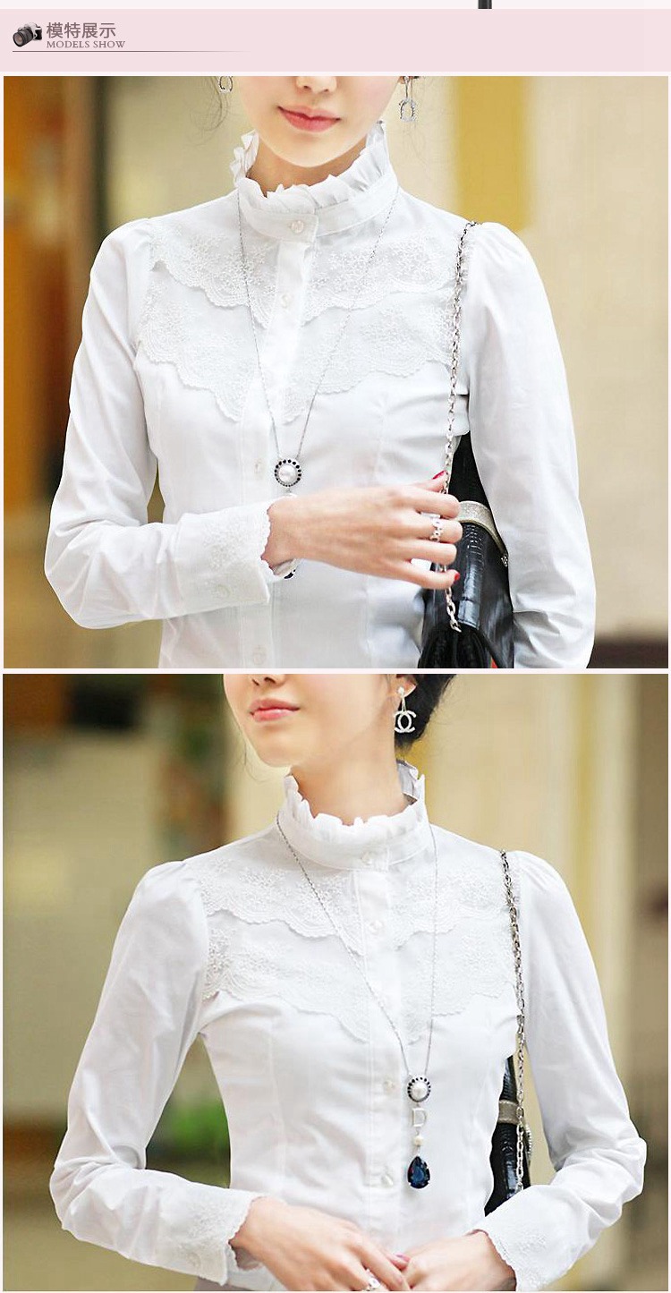 Áo sơ mi trắng nữ tay dài 2017 xuân mới Han Fan sinh viên đại học gió Hàn Quốc phiên bản cổ áo ren cotton cộng nhung nhung áo voan hoa