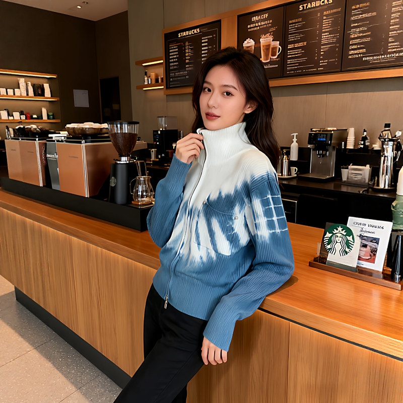 Yunnan Tie-Dye Knit Cardigan for Women 2026 Spring New Versatile Stand-Up Collar Base Sweater Coat Long-Sleeve Top