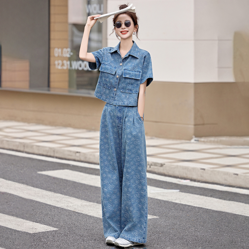 Casual Jacquard Denim Suit for Women 2026 Summer New Fashion High-End Slimming and Age-Reducing Wide-Leg Pants Two-Piece Set