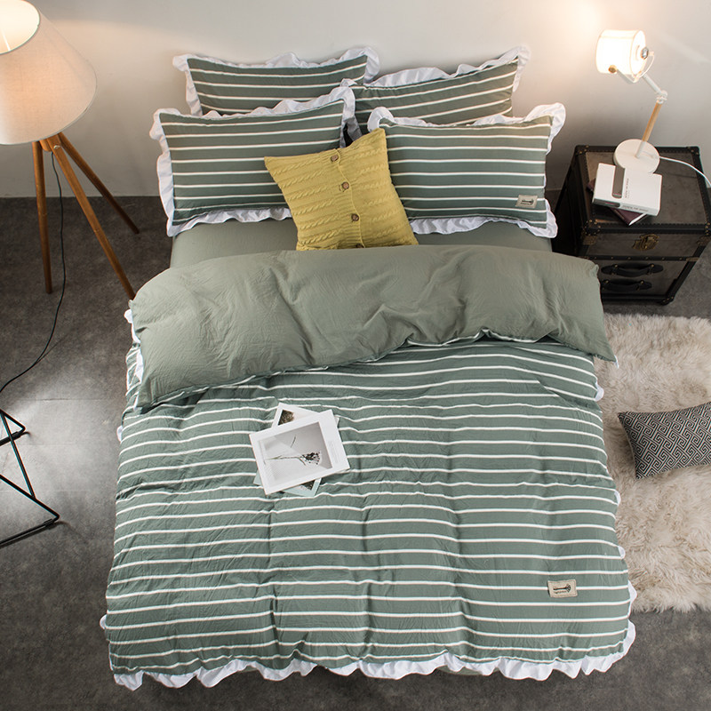 Yarn-dyed washed cotton four-piece simple striped plaid quilt cover lace sheets princess style three-piece bedding