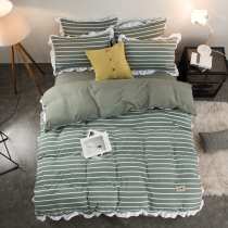 Color loom washed cotton four pieces of kit minimalist stripe checkered lace bedsheet princess wind three sets of bedding