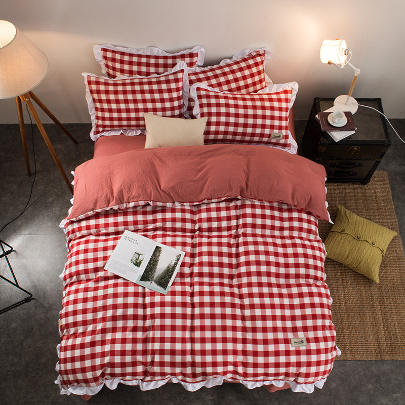 Net red woven washed cotton four-piece quilt cover plaid lace sheets princess wind three-piece dormitory bedding