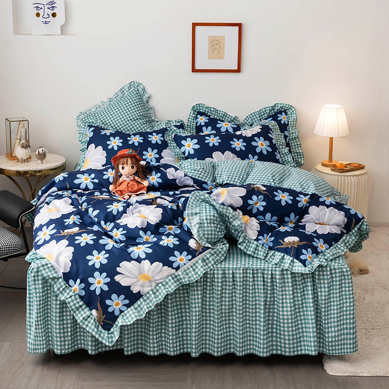 Korean-style bedding cotton bed skirt ins four-piece set girl heart princess style cotton quilt cover bed cover three pieces 4