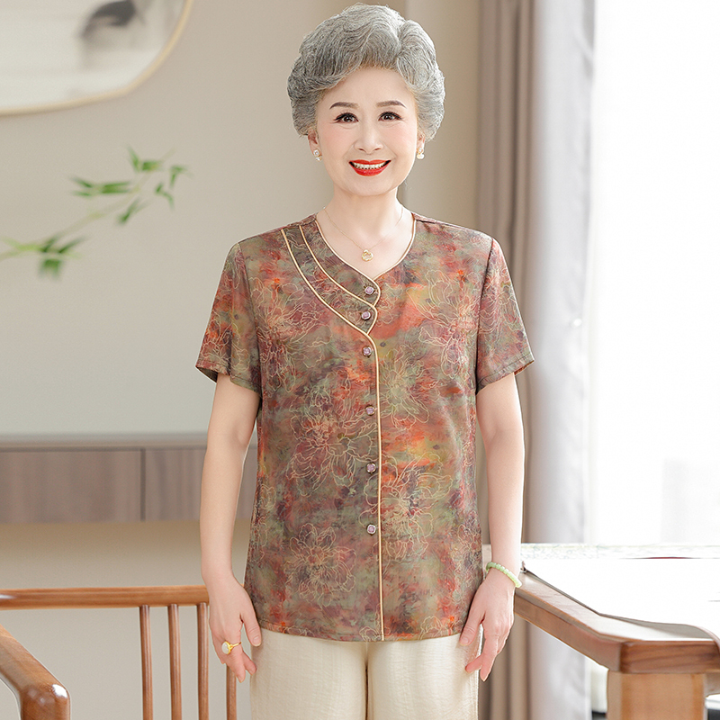 Grandma's Summer Short-Sleeved Shirt, Middle-Aged and Elderly Women's Clothing, Thin Tops for 70-80 Year Old Mothers, Old Lady's Shirt