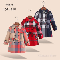 2021 spring girls plaid windbreaker female baby double-breasted fashion lapel Korean double cotton windbreaker