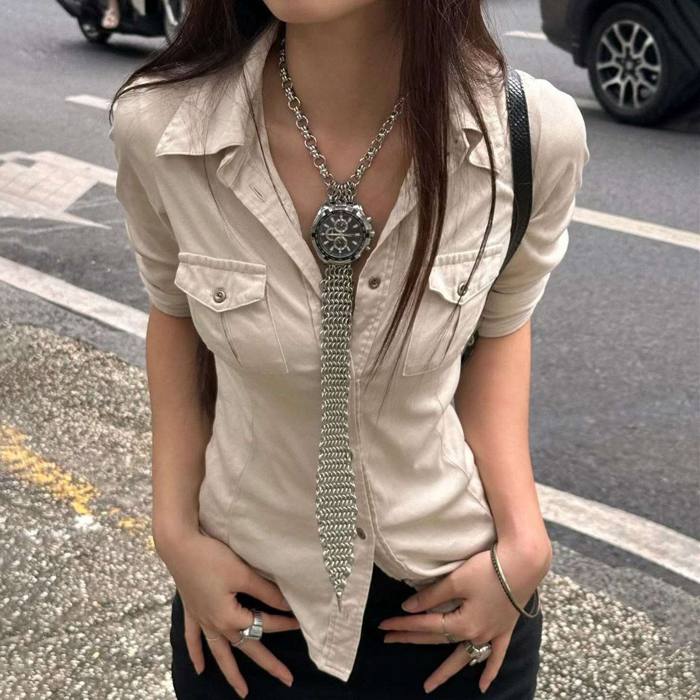 The MSYOUCAN Utility Crop – Vintage Workwear Shirt with Cinched Waist, Multi-Pockets & Retro Street Attitude - Image 3