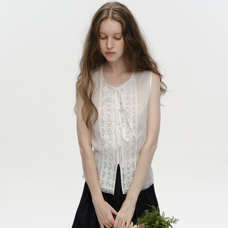 Digbuty Floral Love Letter'French High-Sense Outfit' Ramie Top White Lace Tie Sleeveless Summer Thin Digbuty Floral Love Letter'French High-Sense Outfit' Ramie Top White Lace Tie Sleeveless Summer Thin