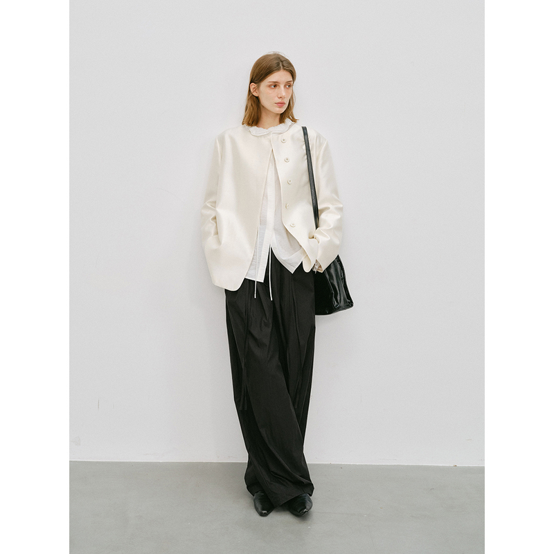 Maou Create 17 Heavy-Weight Soft Light Silk Wool Minimalist Round-Neck Loose-Fit Blazer for Women