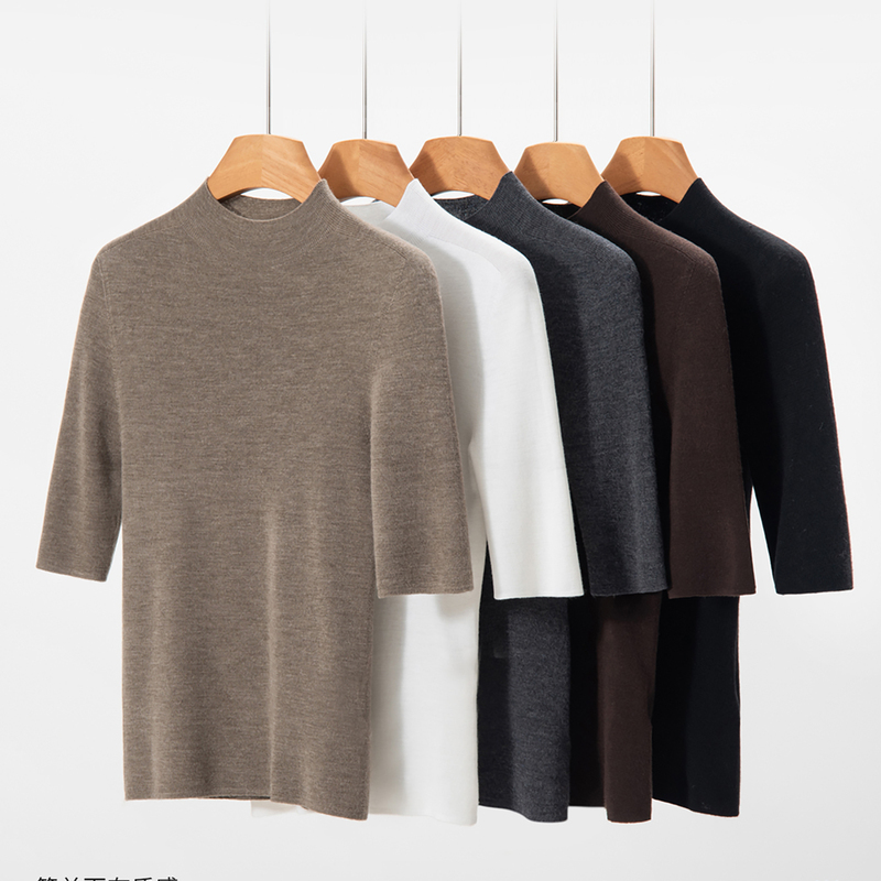 Counter~ German Yangzi Yarn 100% Wool Half-High Collar Mid-Sleeve Knit Top for Women, Seamless Half-Sleeve Slim-Fit Base Shirt Counter~ German Yangzi Yarn 100% Wool Half-High Collar Mid-Sleeve Knit Top for Women, Seamless Half-Sleeve Slim-Fit Base Shirt