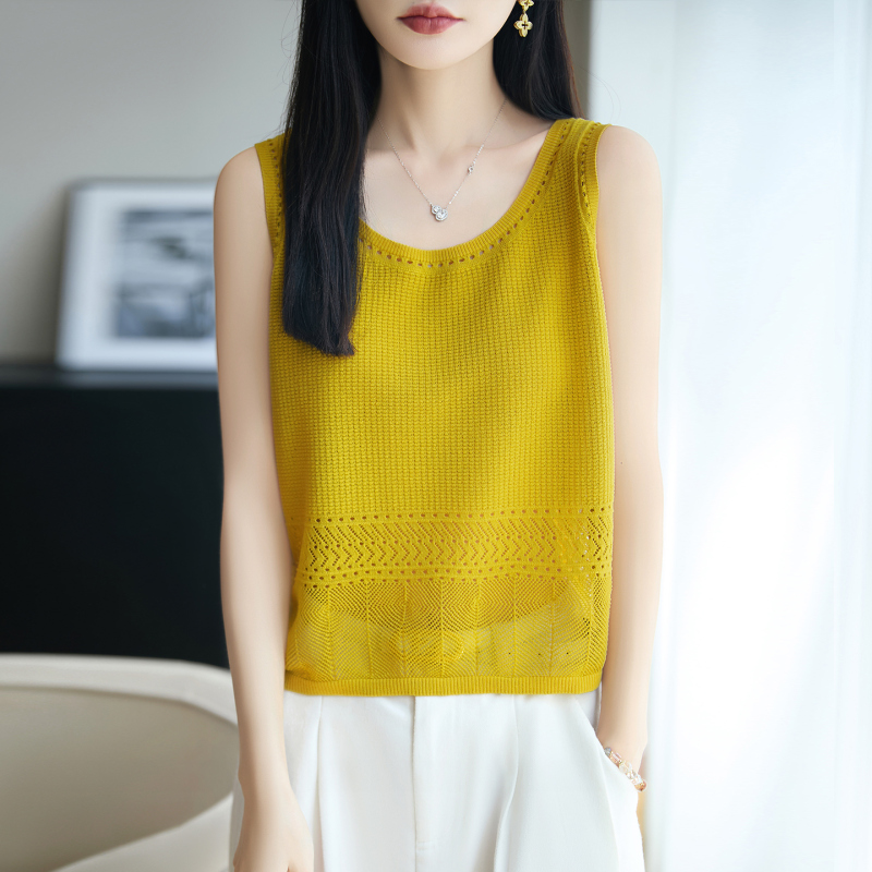 Exclusive~ Hollow-Out Sleeveless Vest for Women, Outerwear, 2026 Summer Design Top, Ginger Yellow Camisole, Thin Base Shirt Exclusive~ Hollow-Out Sleeveless Vest for Women, Outerwear, 2026 Summer Design Top, Ginger Yellow Camisole, Thin Base Shirt