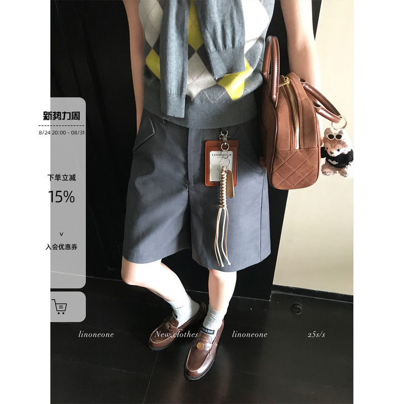 Linoneone Salt Series Academy Fashionable Bermuda Versatile Gray Casual Wide-Leg Mid-Length Shorts Five-Point Shorts