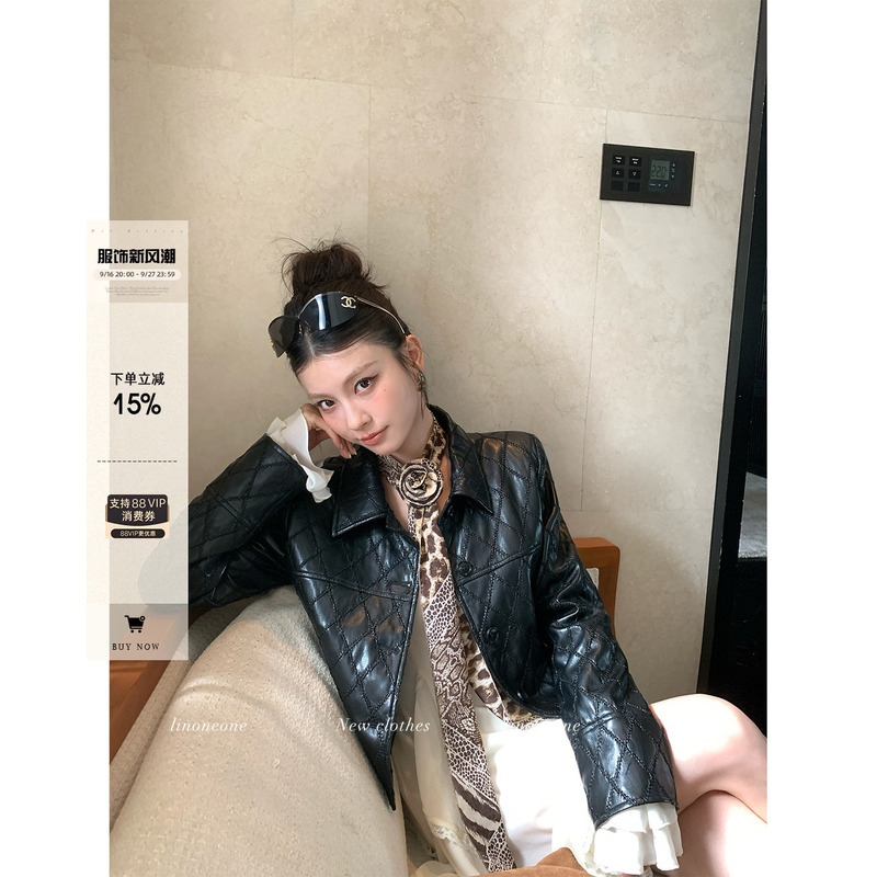 Linoneone Film-Patterned Quilted Pu Leather Jacket with Heavy-Duty Lapel and Diamond Quilting for Women, Autumn Cotton Coat