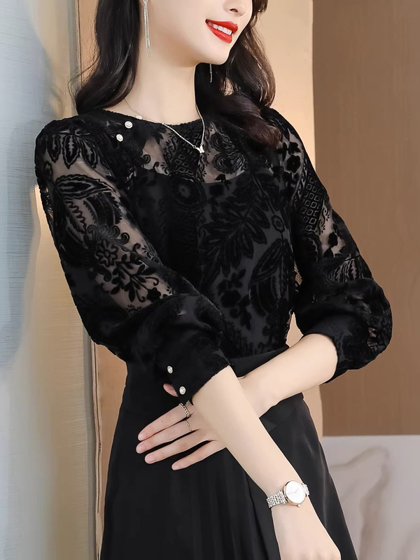 Black Lace Base Shirt for Women, Spring and Autumn 2026 New Style, Fashionable and Stylish Mesh Long-Sleeve T-Shirt Top