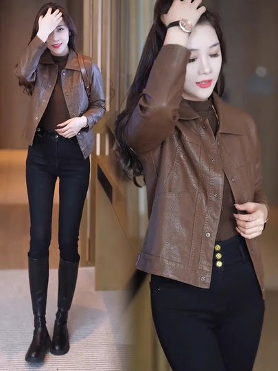Leather jacket women's autumn and winter 2026 new velvet short small Hong Kong style casual motorcycle leather jacket top