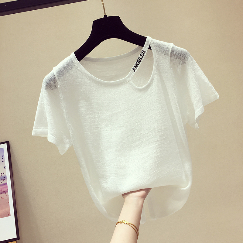 Ice Silk Short Sleeve T-shirt Woman Loose 2023 New summer blouses Tide White Dew Shoulder Short half sleeves Bottoms Shirts-Taobao