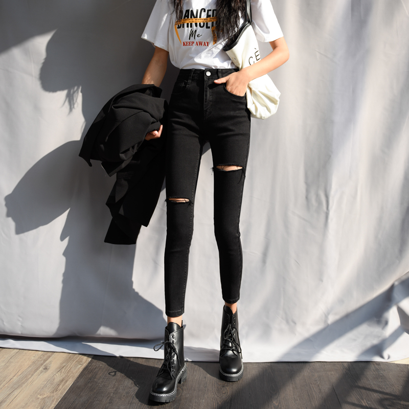 Black Broken Hole Jeans Woman High Waist Tight elastic Summer 2022 New wave Slim Fit Slim 90% Smoke Pipe Pants