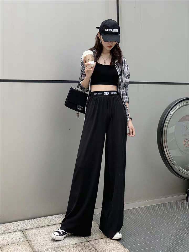 Ice wire broad legs female high waist - perceived summer 2022 new thin tug - floor black casual trousers loose tube