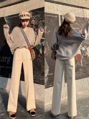 Wide-legged pants women's high-waisted autumn and winter plus velvet thickened woolen pants loose straight casual Joker trousers women