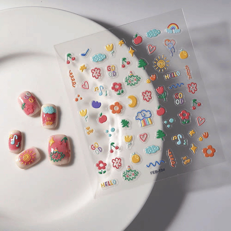 Cute Nail Stickers Xiaohongshu New Dopamine Style Childlike Embossed 3D Cartoon Nail Art Flowers and Clouds