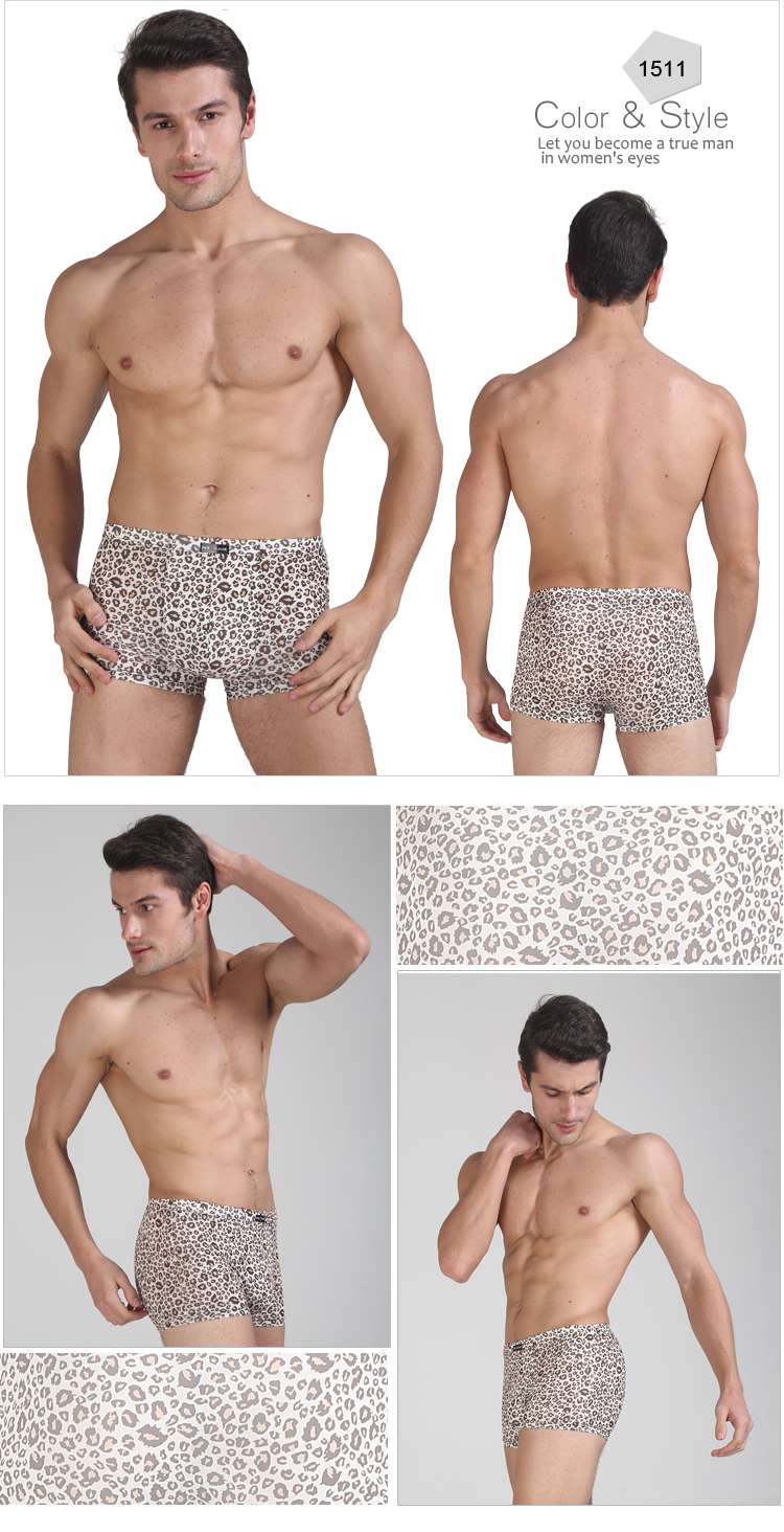 4 hộp quà tặng nam băng lụa underwear boyshort trung eo quần leopard print U lồi sexy quần thở mùa hè