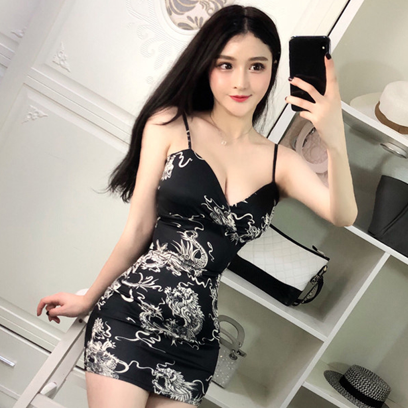 Hộp đêm nữ 2018 hè mới cổ chữ V cắt xẻ thấp phù hợp với váy hông dây đeo in họa tiết retro 	váy xoắn eo	