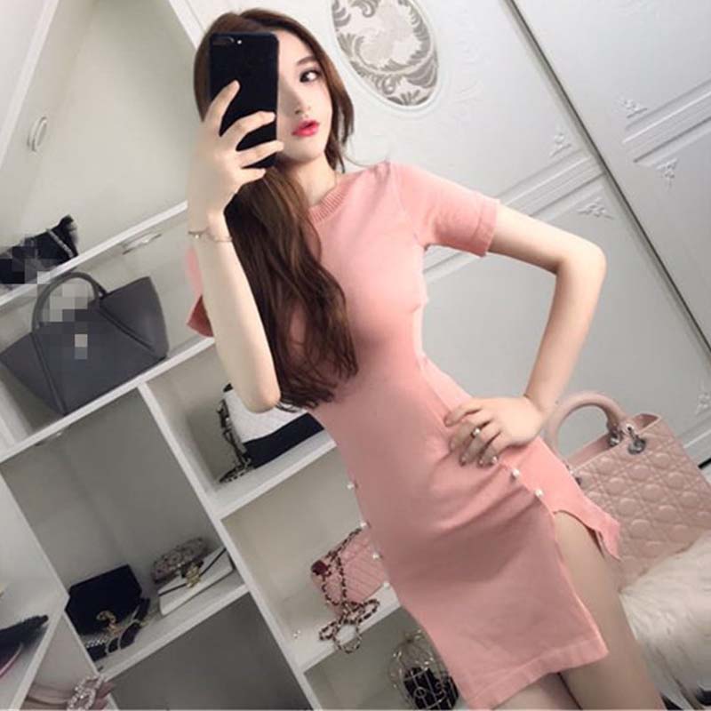 Chợ đêm nữ 2018 mới neo quần áo ngọt ngào thời trang khí chất vòng cổ ngắn tay chia túi đầm hông 	váy giấu eo	