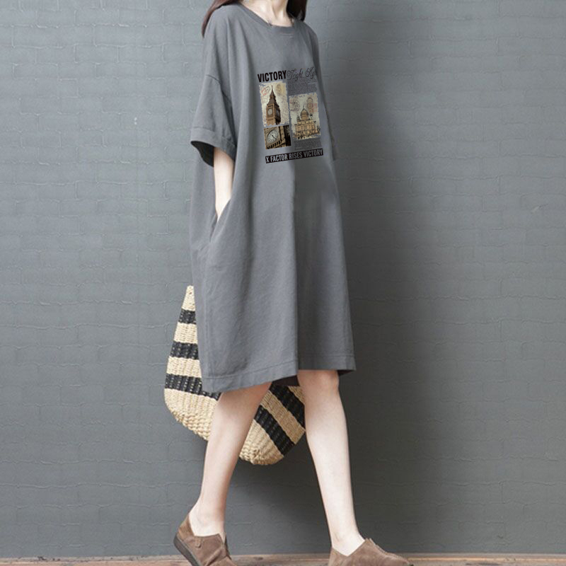 Big Sale Leakage Export Loose and Fashionable Mid-Length Pure Cotton Short-Sleeved T-Shirt Slimming Look and Stylish Half-Sleeved Dress Top