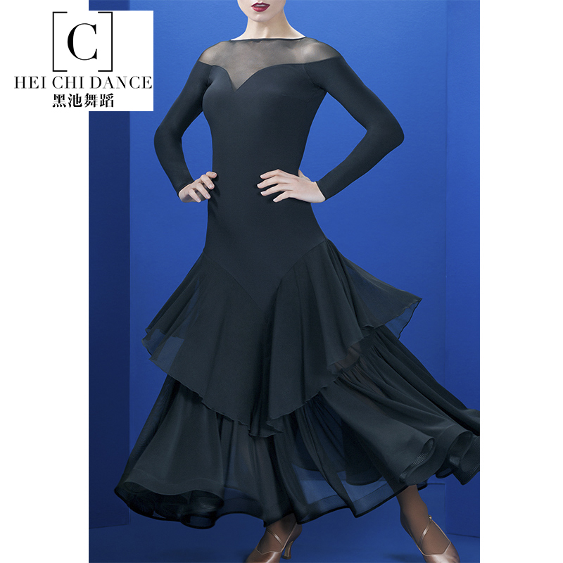 Morden Dance Foreign Dress New V Net Round Collar Open Back Middle Sleeve National Mark Dance Practice Performance Waltz Snowspinning Big Swing Dress