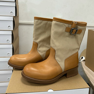 Vintage Canvas and Leather Spliced Mid-Calf Riding Boots for Women, 2026 Autumn New Style, Chunky Heel, Buckle Strap, Western Cowboy Boots