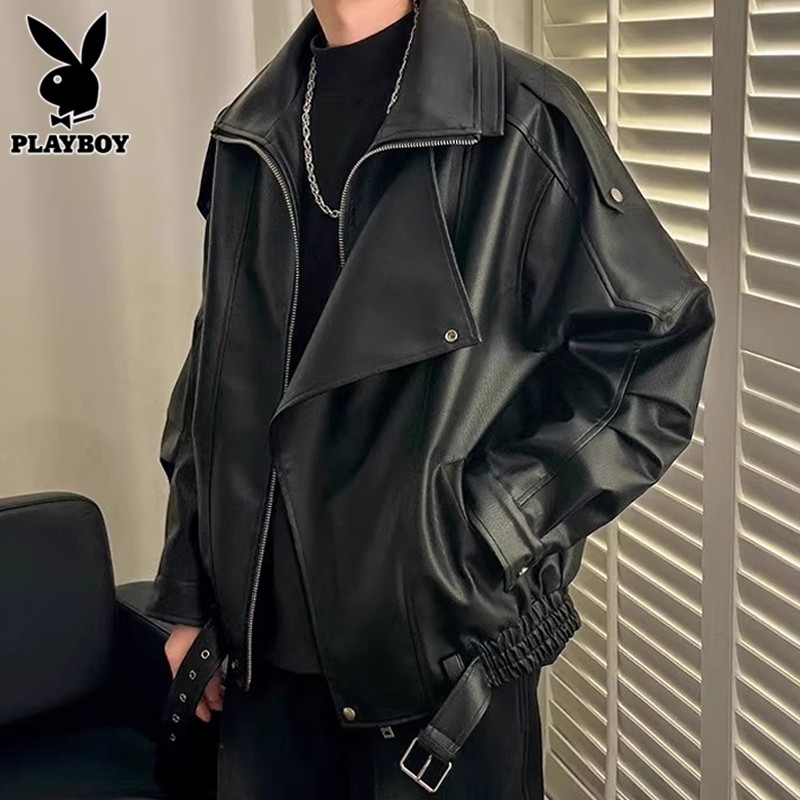 Кожаная куртка Playboy, мужская весенняя новинка 2026 года, свободный топ в стиле хулигана, красивая мотоциклетная куртка из искусственной кожи с лацканами