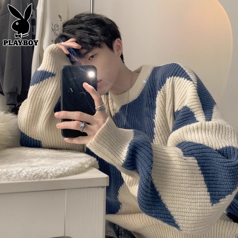 Playboy Color-Blocked Sweater for Men, Autumn and Winter Lazy Style Loose Knitwear, Trendy Brand Men's Knitted Base Shirt Playboy Color-Blocked Sweater for Men, Autumn and Winter Lazy Style Loose Knitwear, Trendy Brand Men's Knitted Base Shirt