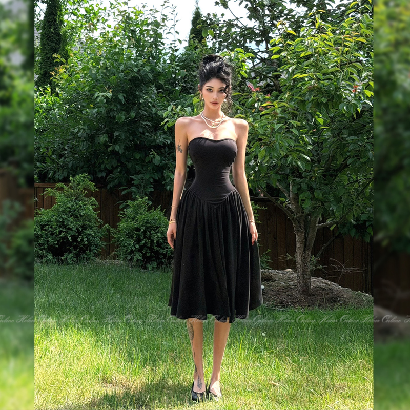 Helen Southern French Manor'With Chest Pad' Hepburn-Style Classic Little Black Dress'V-Waist Slimming High-End Tube Top Dress'