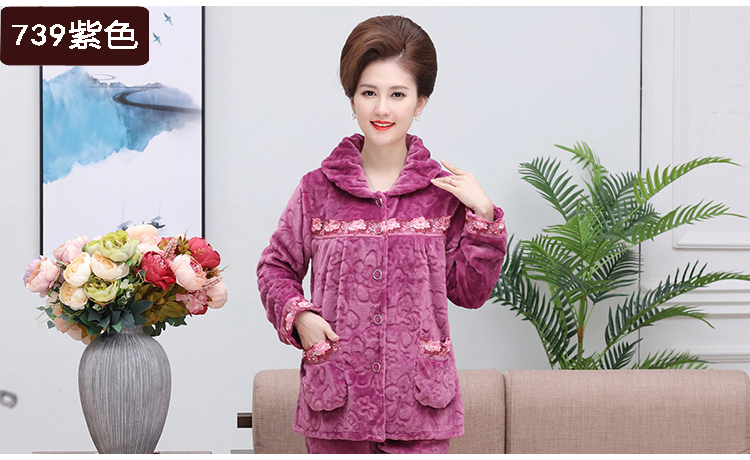 Trung niên và tuổi già mùa thu và mùa đông san hô lông cừu phụ nữ dày flannel cộng với phân bón XL tuổi trung niên mẹ đồ ngủ bộ đồ ngủ