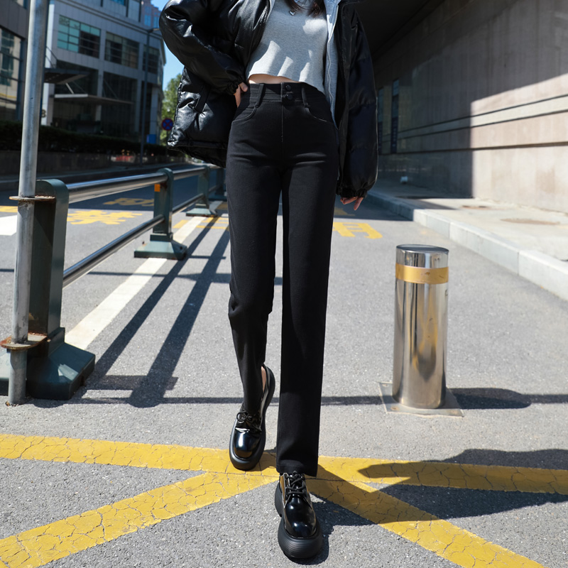 Black high waist small straight jeans female spring trousers tight waist and thin nine smoke tube chic pants