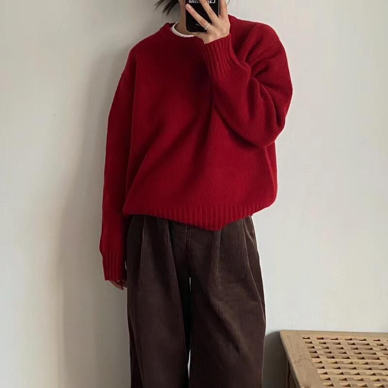 Angora Red! New Year's Red Sweater for Women, Autumn and Winter, Loose Round Neck, Lazy Style, Outerwear, Thick Pullover Knitwear