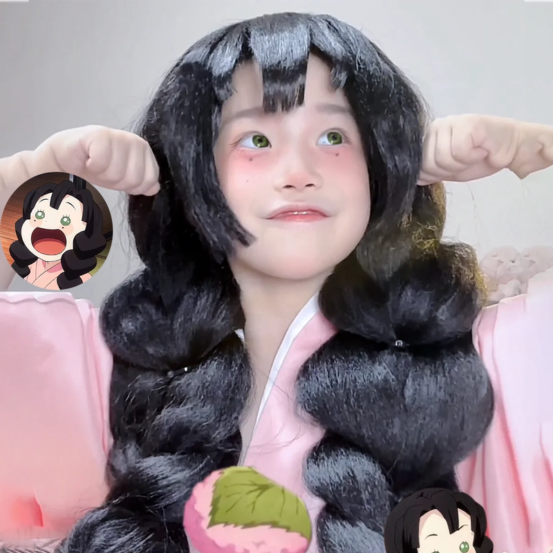 Children's Wig Cosplay Demon Slayer Long Straight Hair Cute Childhood Braids Soft and Adorable Air Bangs Full Head