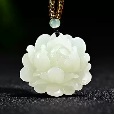 Xinjiang natural Hetian jade pendant women's Jade White Jade Lotus jade pendant peony sweater refining necklace