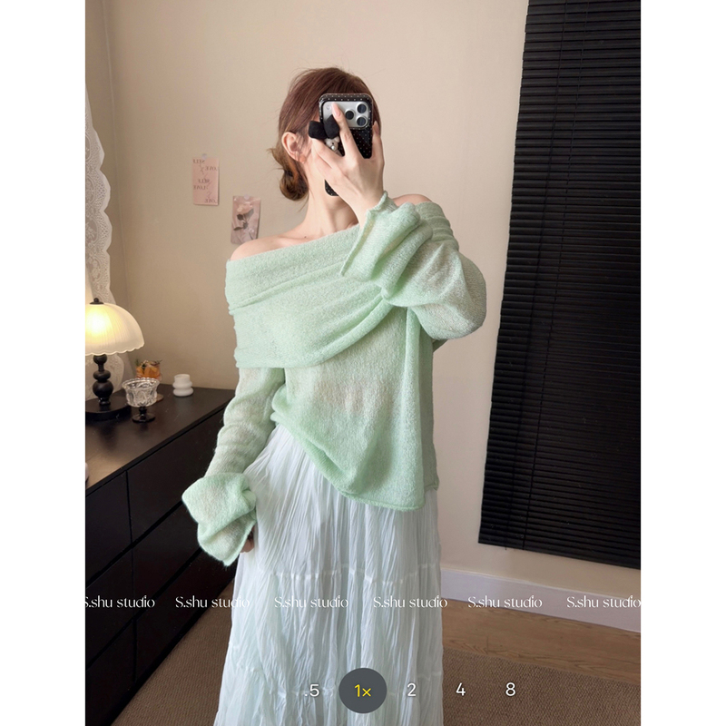 26 Spring New Korean Style Lazy One-Shoulder Knit Sweater for Women Mint Green Loose Off-Shoulder Sweater Top