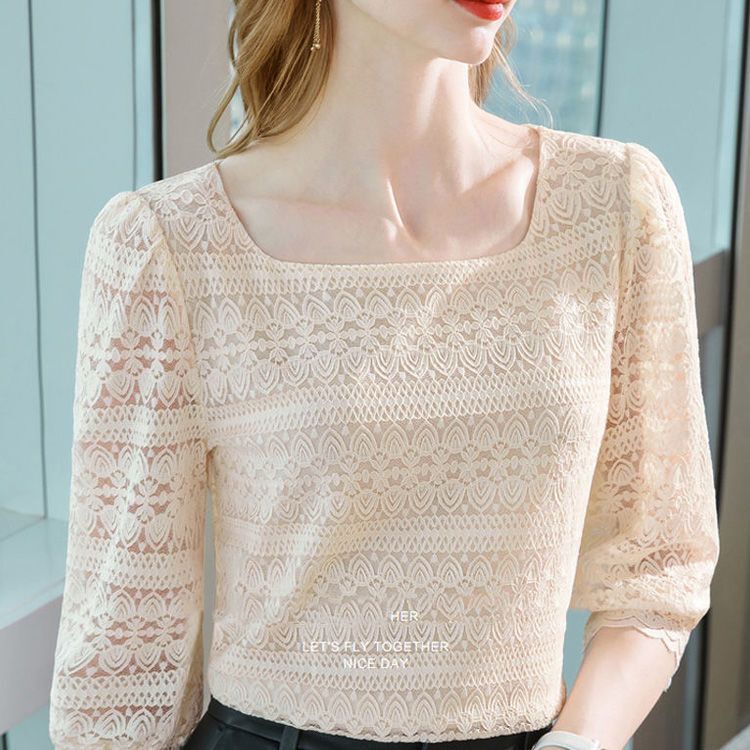 Lace Base Shirt 2026 Spring/Summer New Style Three-Quarter Sleeves Off-Shoulder Hollow-Out Elegant Crochet Blouse Slim Fit Top