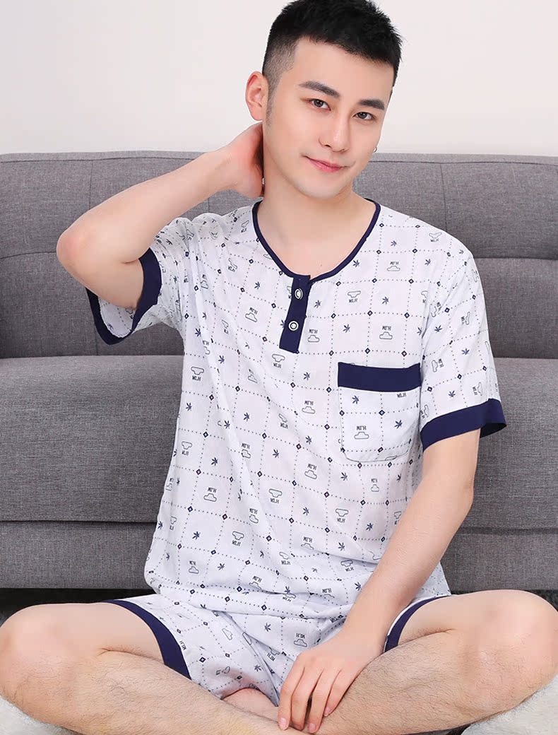 Ngắn tay nam đồ ngủ cotton lụa vòng cổ áo thun XL lỏng phần mỏng quần short bông bông phù hợp với dịch vụ nhà mùa hè pijama nam cao cấp