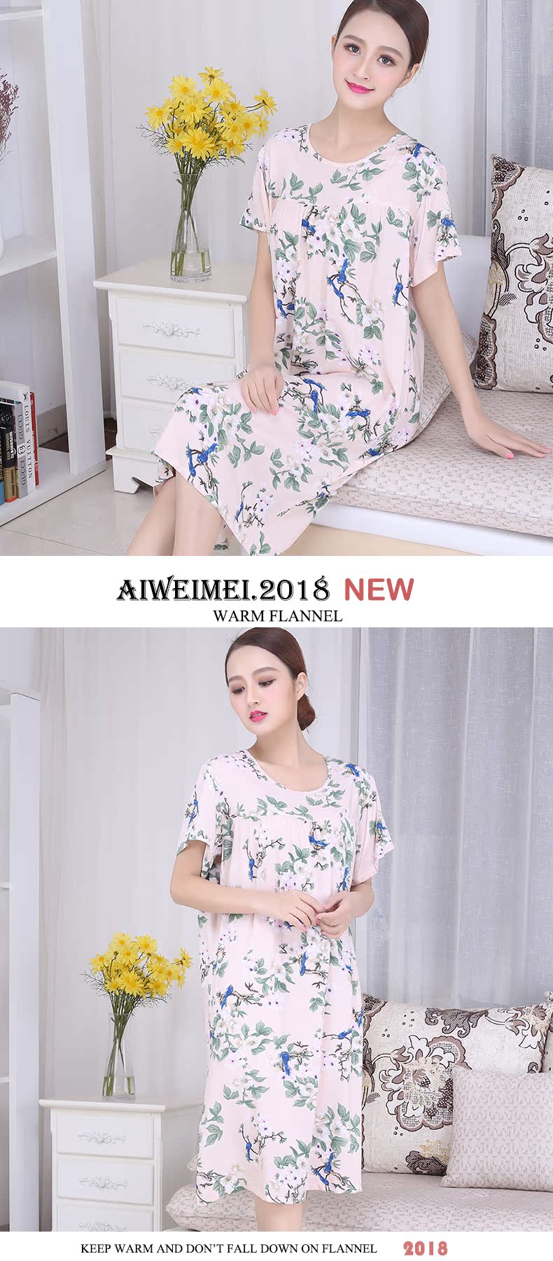 Mùa hè ngắn tay rayon đồ ngủ lỏng cộng với phân bón để tăng nightdress vòng cổ trung niên đồ ngủ dịch vụ nhà