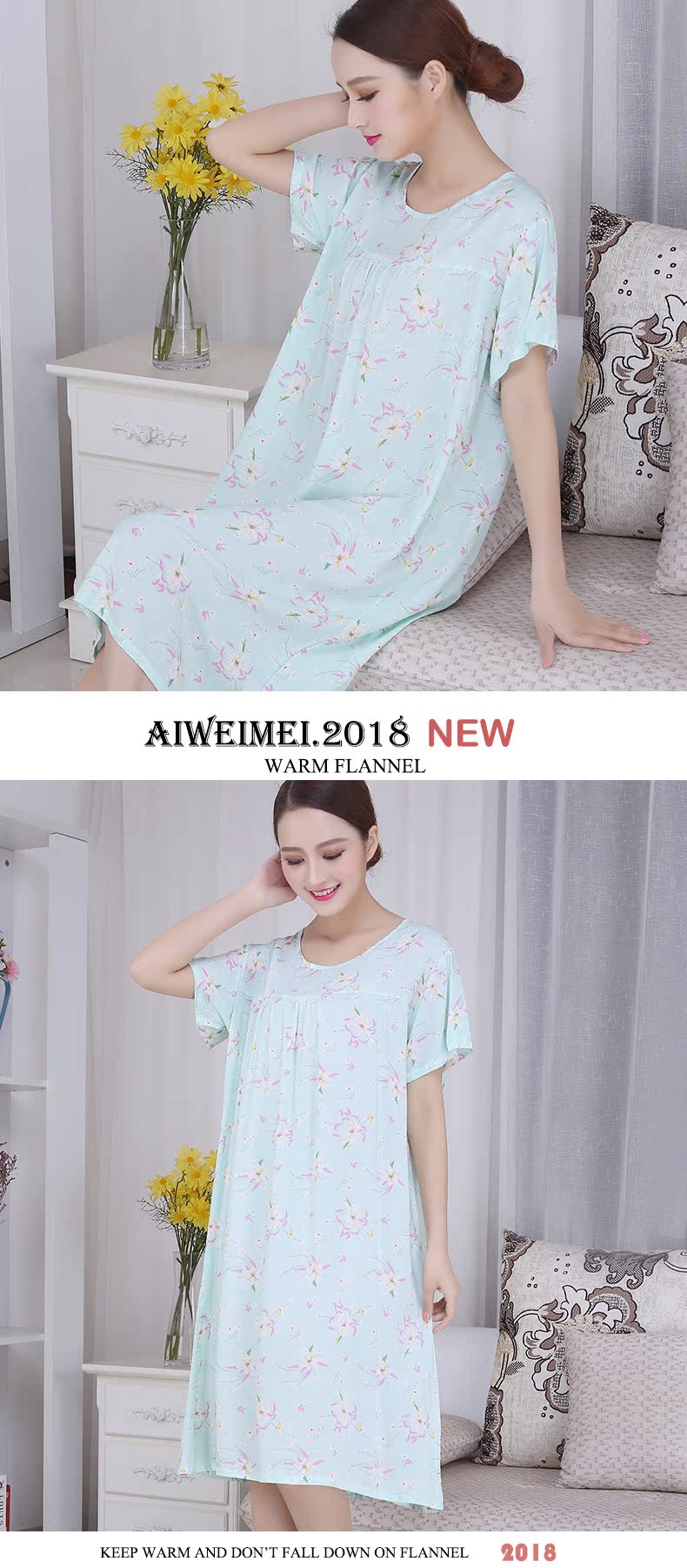 Mùa hè ngắn tay rayon đồ ngủ lỏng cộng với phân bón để tăng nightdress vòng cổ trung niên đồ ngủ dịch vụ nhà