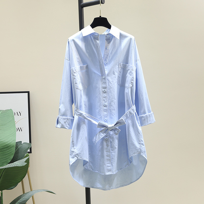 Blue Cotton and Linen Belted Waist-Cinching Mid-Length Shirt for Women, 2026 Spring New Korean Style Casual Jacket Shirt Dress Trendy Blue Cotton and Linen Belted Waist-Cinching Mid-Length Shirt for Women, 2026 Spring New Korean Style Casual Jacket Shirt Dress Trendy
