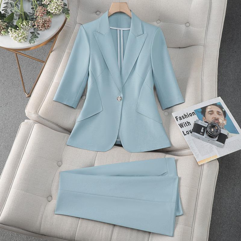 Light Blue Three-Quarter Sleeve Suit for Women 2026 Spring and Summer New Style Elegant and High-End Goddess Style Professional Suit