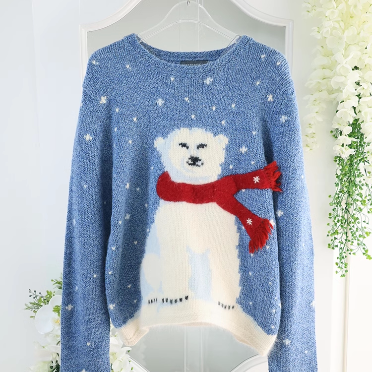 No Returns or Exchanges! Vintage Polar Bear Wearing a Scarf, Snowflakes and Snow Scene Vintage Sweater Imported from the Usa