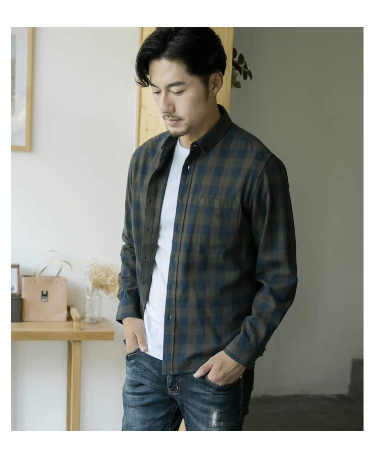 Ge Mu Shi mùa thu kẻ sọc áo sơ mi nam dài tay cotton giản dị inch rộng kích thước áo flannel trẻ trung áo sơ mi cổ trụ