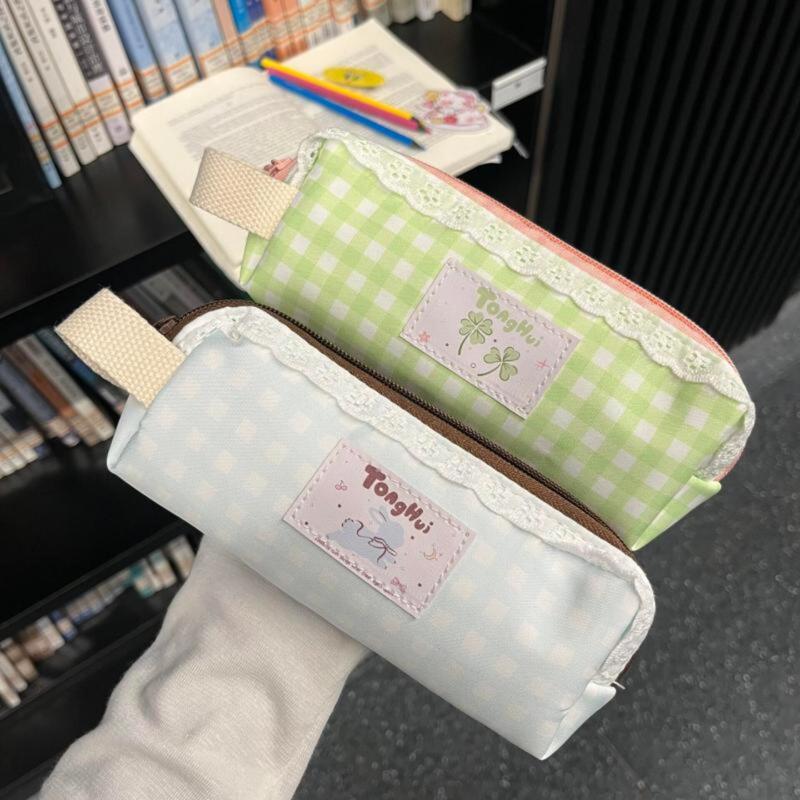Japanese-Style Fresh Lace Trim Pencil Case, Plaid Patchwork Large-Capacity Girly Student Fabric Pencil Storage Bag