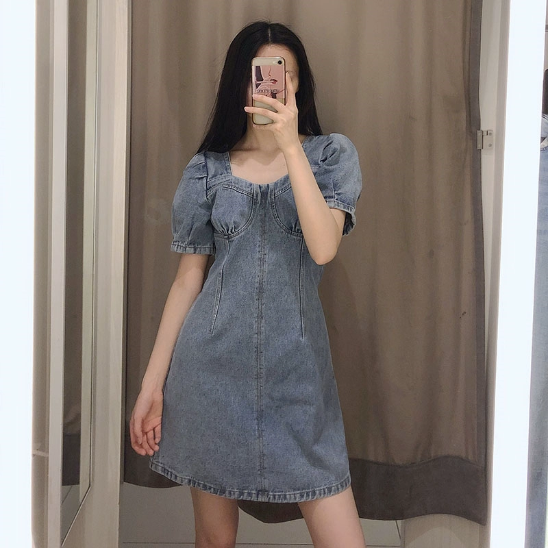 Sản phẩm mới mùa hè 2020 Thời trang của phụ nữ Pháp Cổ áo vuông Lồng đèn Tay áo Váy denim WG13RBNN2002 - Sản phẩm HOT