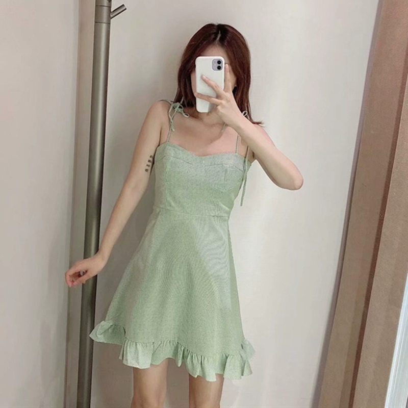 Váy nữ thanh niên mới mùa hè 2020 Váy sven kiểm tra dây treo YV17S7AE2000 - Sản phẩm HOT