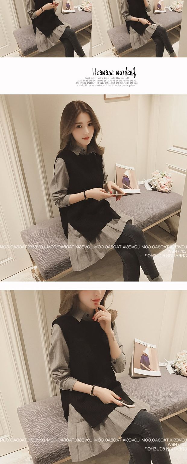 Áo sơ mi nữ 2019 mới sang trọng mùa xuân sọc áo sơ mi dài tay dệt kim vest vest hai mảnh áo sơ mi kaki